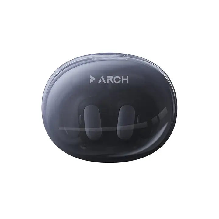 Black earbud case with 'ARCH' branding on a white background