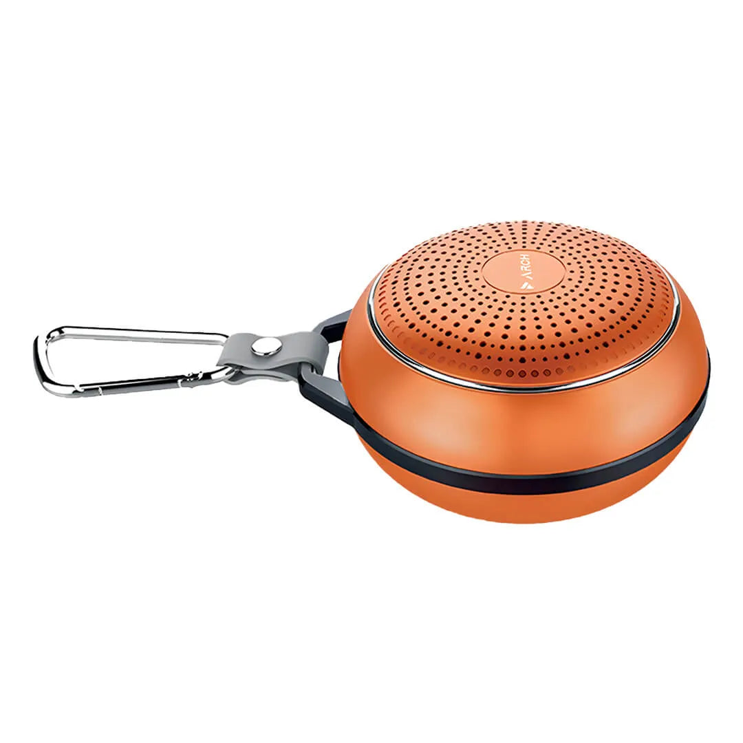An orange portable speaker with a black trim and a silver carabiner clip, shown on a solid white background. Arch Stone speaker