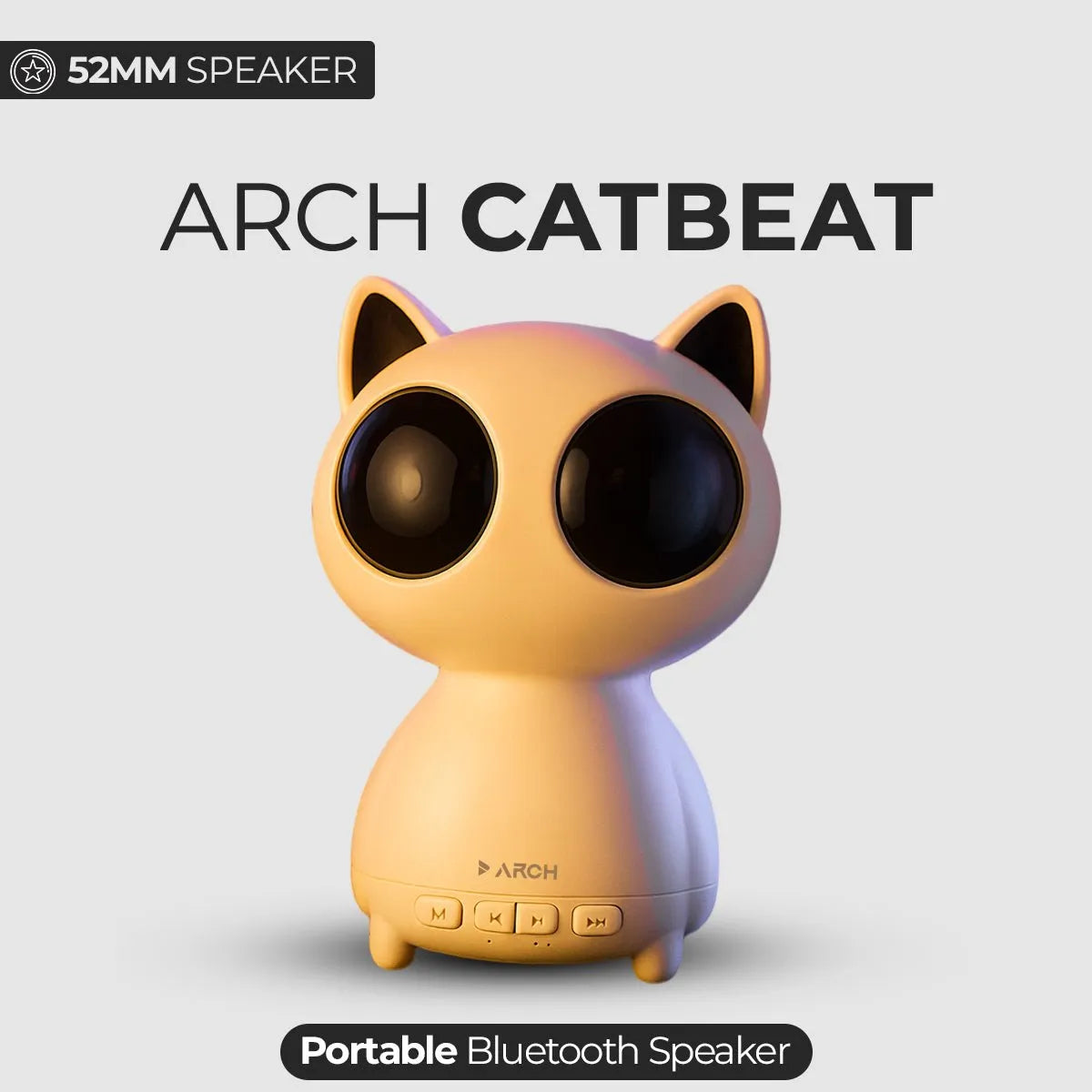 Arch Catbeat portable Bluetooth speaker shaped like a cat, featuring a warm beige body, large black circular eyes, and small standing feet, shown on a light gray background with text overlays.