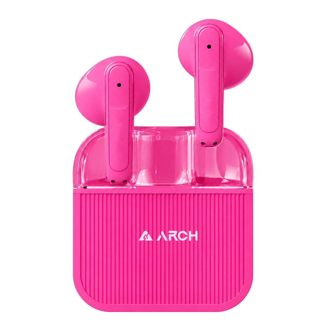 Bright pink wireless Arch Hero earbuds with matching charging case, shown on a clean white background. The case features a ribbed front with the white ARCH logo printed on it.